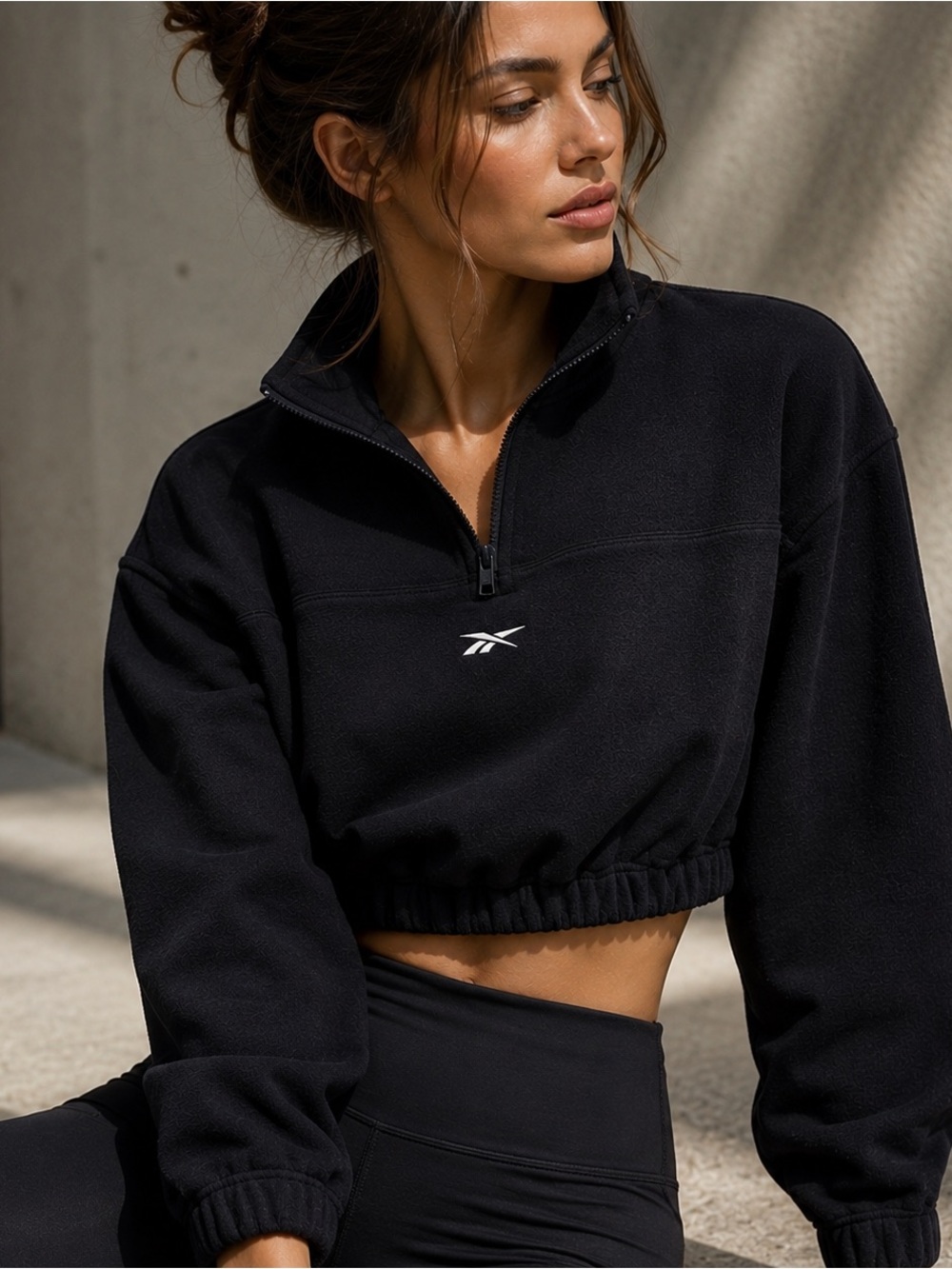 Reebok Workout Ready Cropped 1/4 Zip Pullover Black Athleisure Sweatshirt